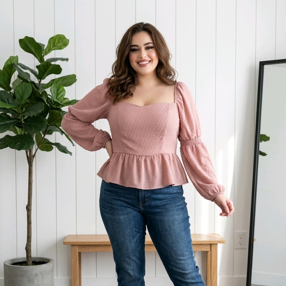 NWT Peplum Top Square Neck Long‎ Balloon Sleeve Smocked Blouse Pink, XL